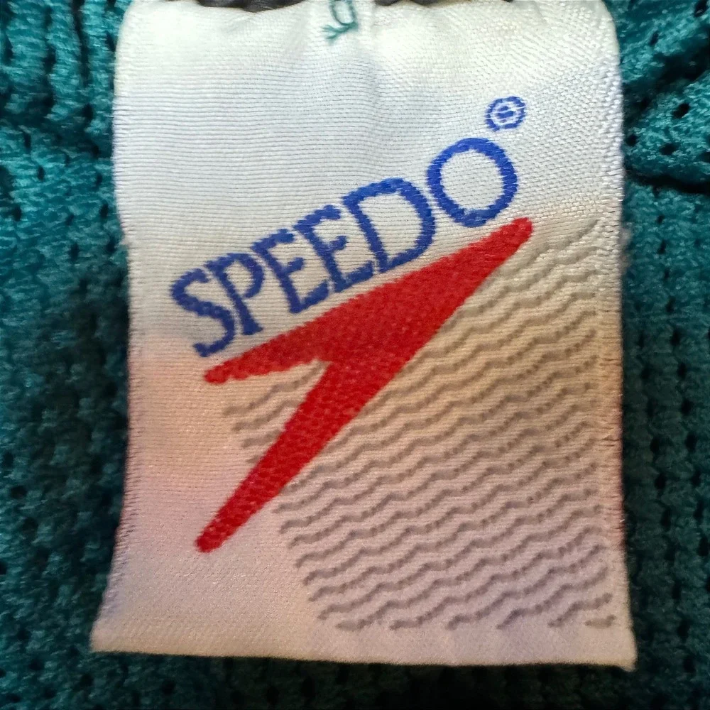 Vintage Speedo Mens‎ Teal Blue Crinkle Nylon Swim Trunks Mesh Lined Shorts Sz L